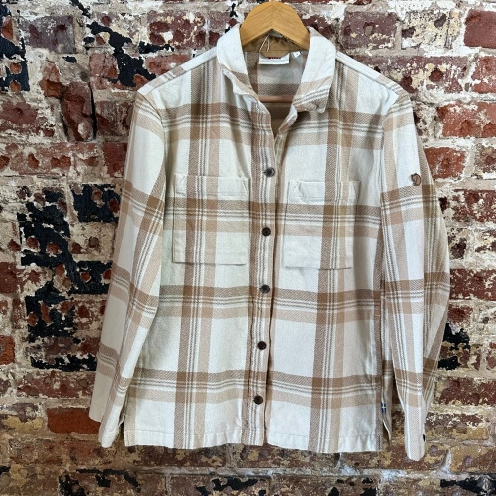Fjallraven Singi Flannel Overshirt W Cream Tan Plaid Button Up Jacket 86986 S